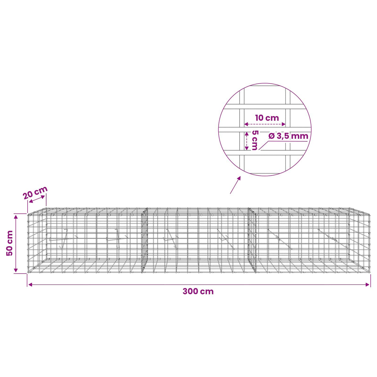Γκαμπιόν με σύρμα 3,5 mm και πλέγμα 5x10 cm 300x20x50 εκ - Pakobazaar