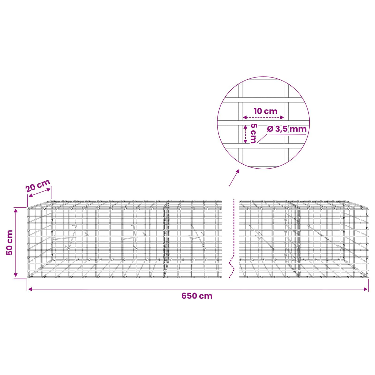 Γκαμπιόν με σύρμα 3,5 mm και πλέγμα 5x10 cm 650x20x50 εκ - Pakobazaar