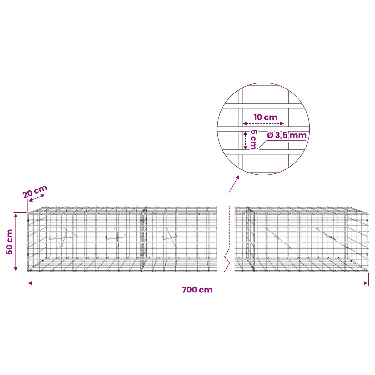 Γκαμπιόν με σύρμα 3,5 mm και πλέγμα 5x10 cm 700x20x50 εκ - Pakobazaar