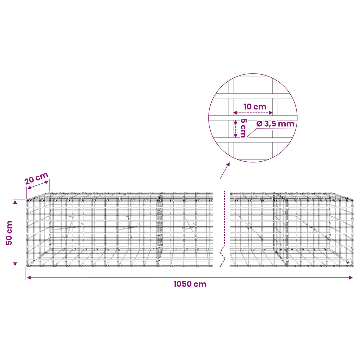 Γκαμπιόν με σύρμα 3,5 mm και πλέγμα 5x10 cm 1050x20x50 εκ - Pakobazaar