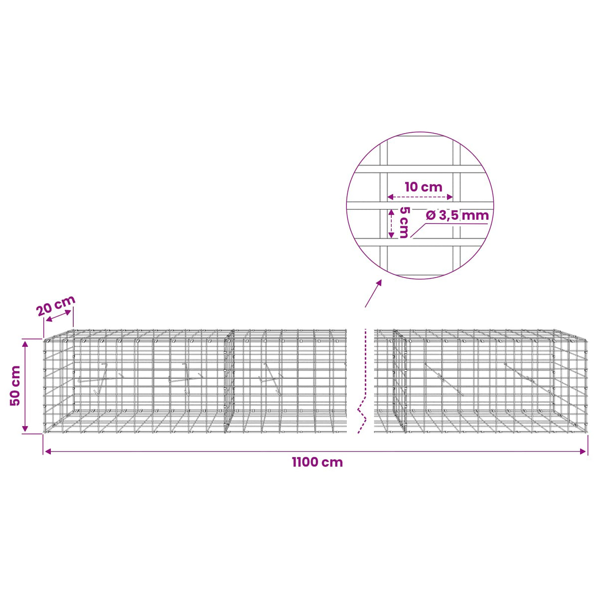 Γκαμπιόν με σύρμα 3,5 mm και πλέγμα 5x10 cm 1100x20x50 εκ