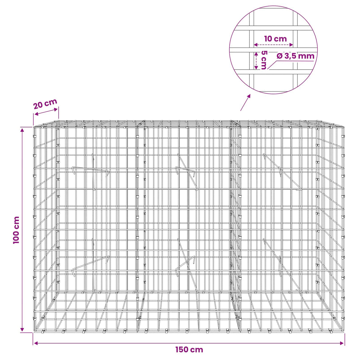 Γκαμπιόν με σύρμα 3,5 mm και πλέγμα 5x10 cm 150x20x100 εκ - Pakobazaar