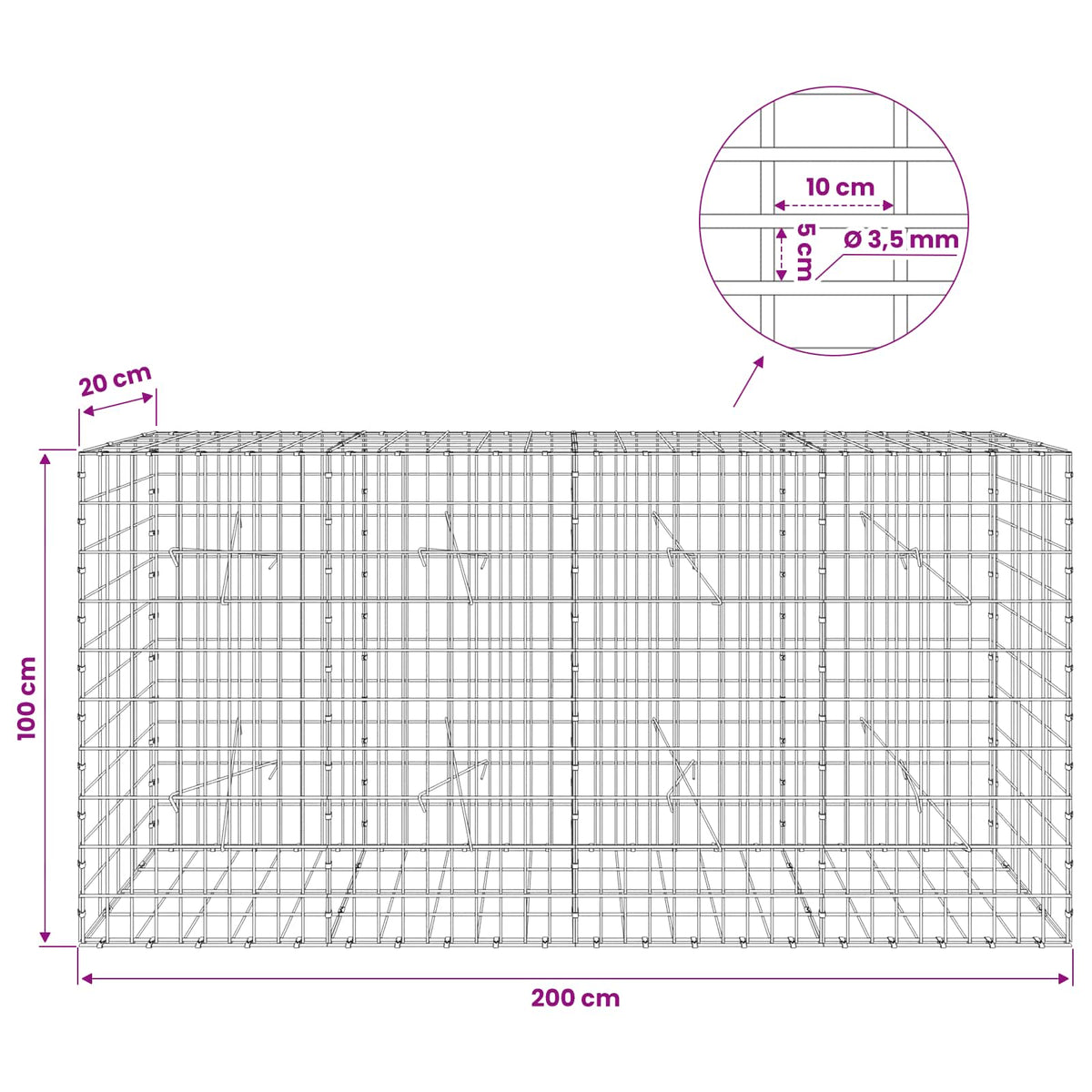 Γκαμπιόν με σύρμα 3,5 mm και πλέγμα 5x10 cm 200x20x100 εκ - Pakobazaar