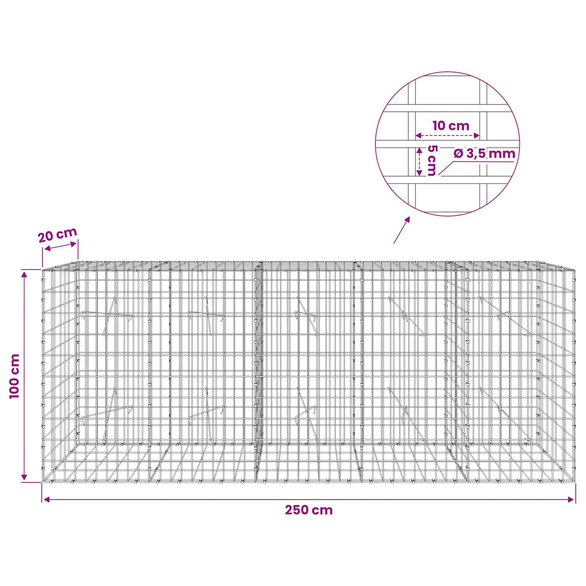 Γκαμπιόν με σύρμα 3,5 mm και πλέγμα 5x10 cm 250x20x100 εκ - Pakobazaar