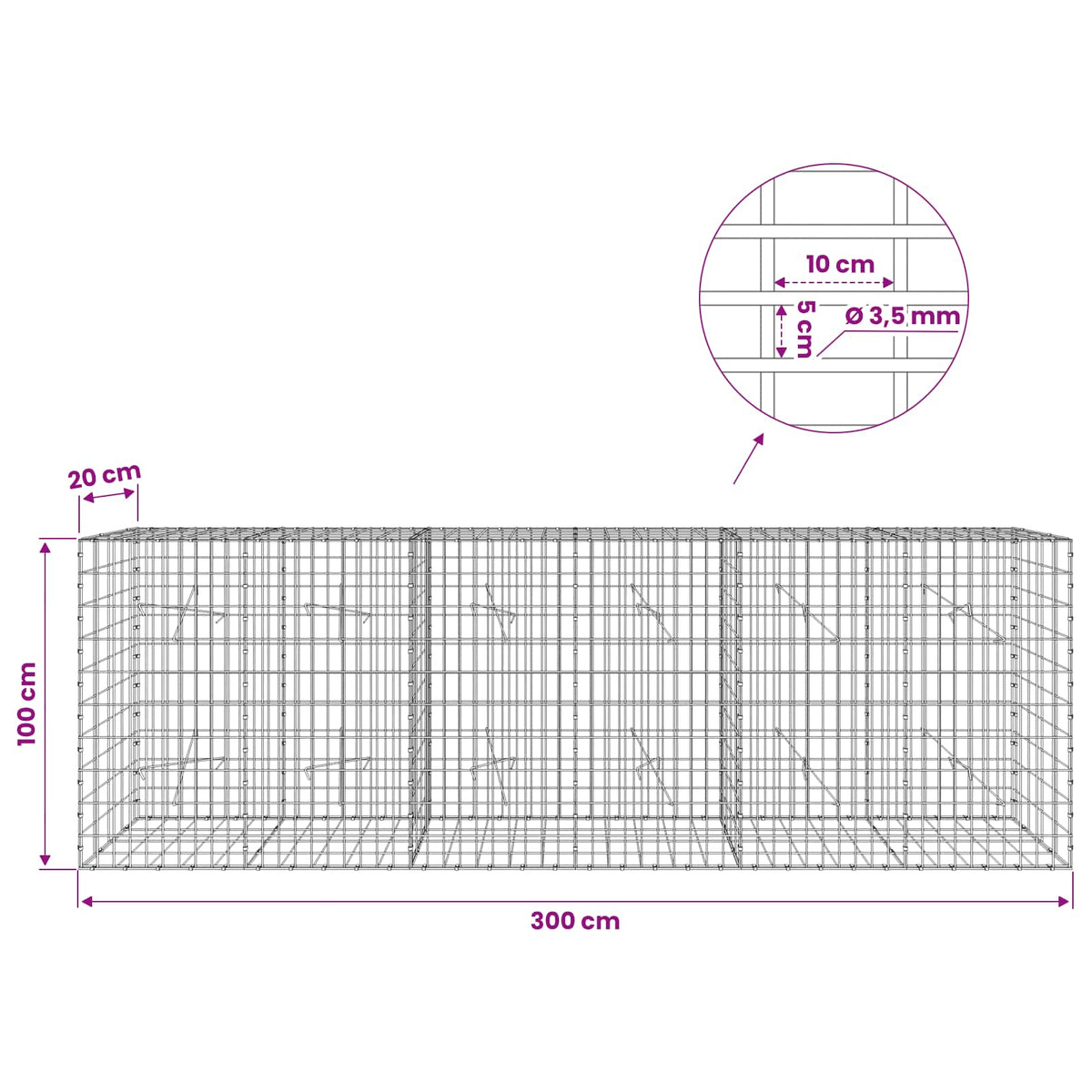 Γκαμπιόν με σύρμα 3,5 mm και πλέγμα 5x10 cm 300x20x100 εκ - Pakobazaar