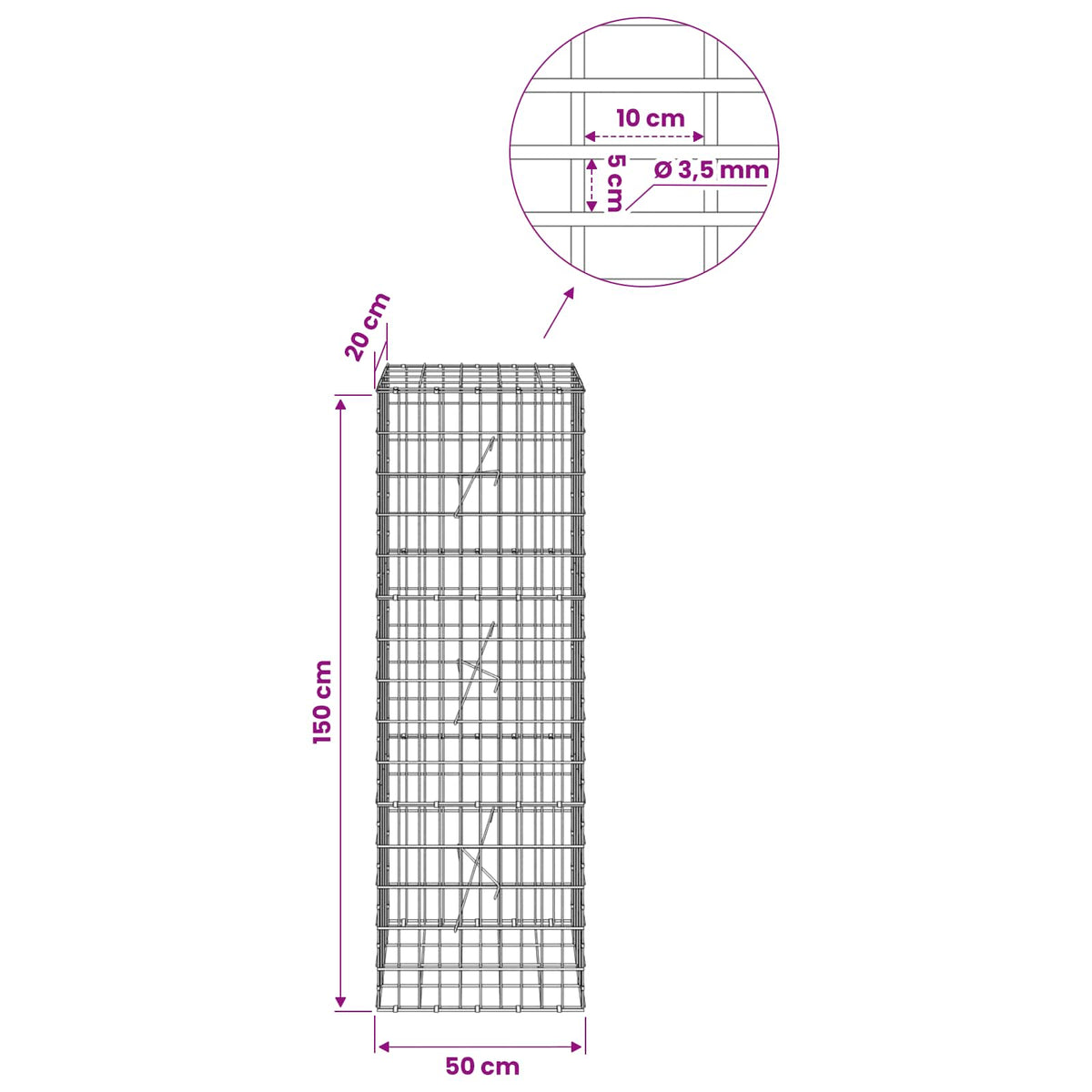 Γκαμπιόν με σύρμα 3,5 mm και πλέγμα 5x10 cm 50x20x150 εκ. - Pakobazaar