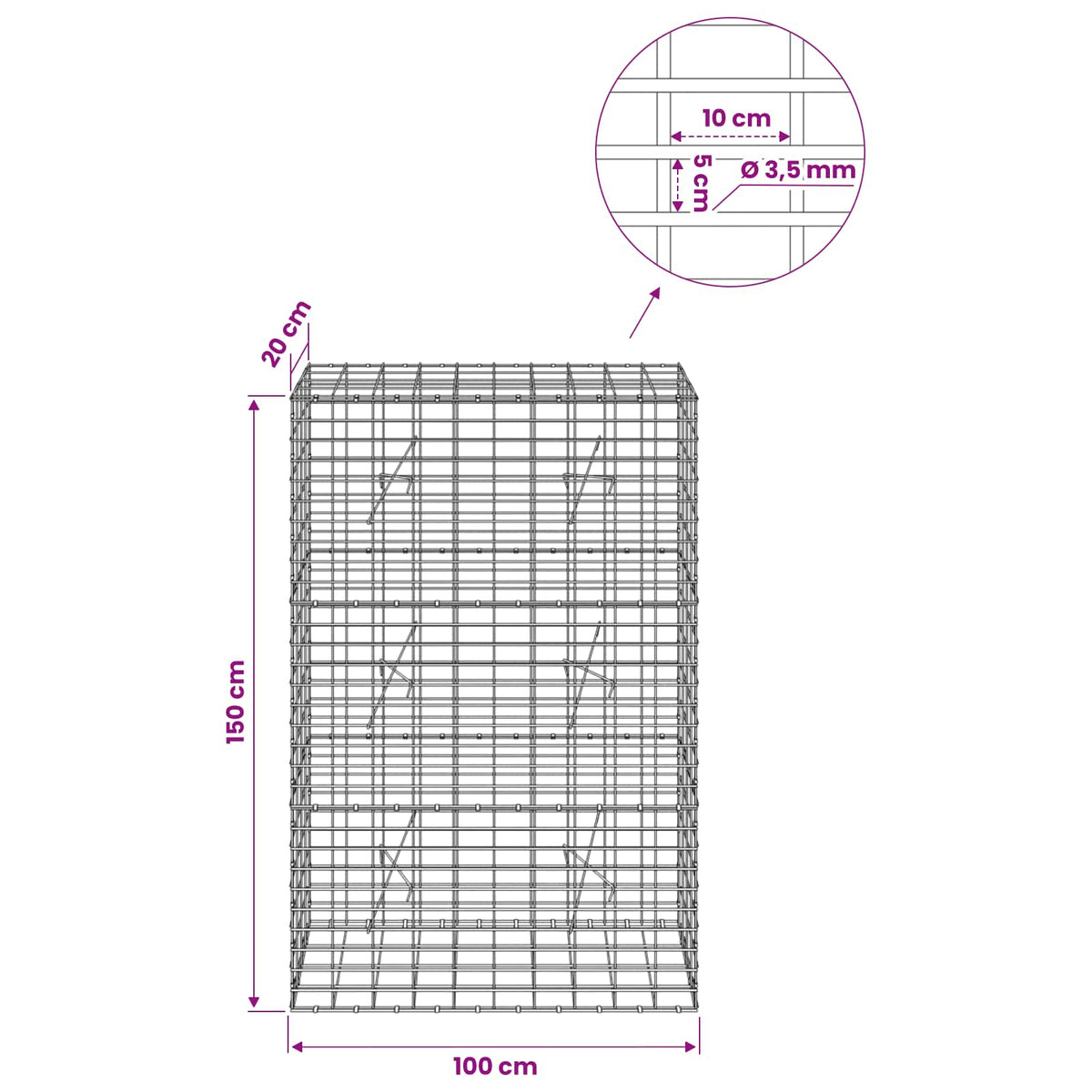 Γκαμπιόν με σύρμα 3,5 mm και πλέγμα 5x10 cm 100x20x150 εκ - Pakobazaar
