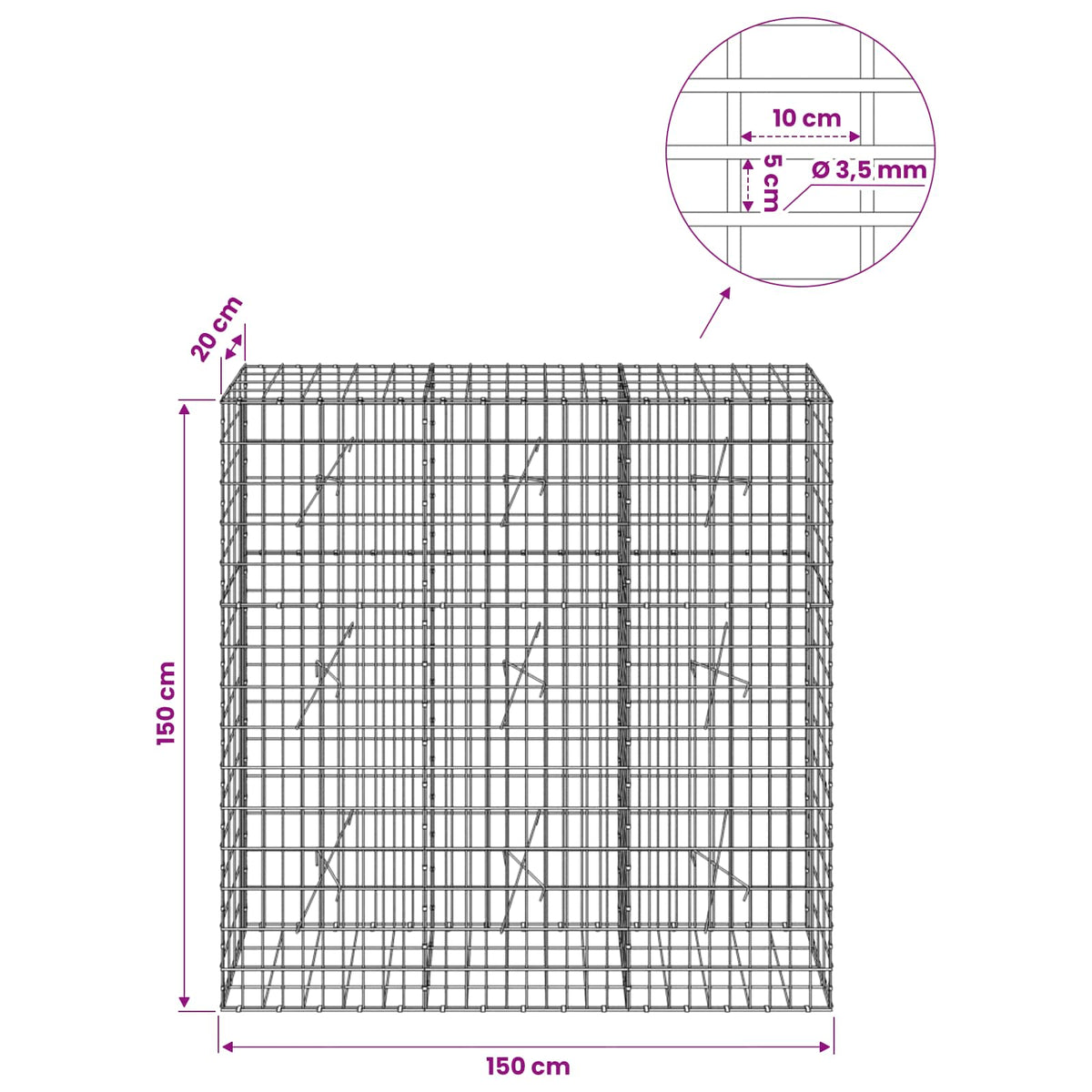 Γκαμπιόν με σύρμα 3,5 mm και πλέγμα 5x10 cm 150x20x150 εκ