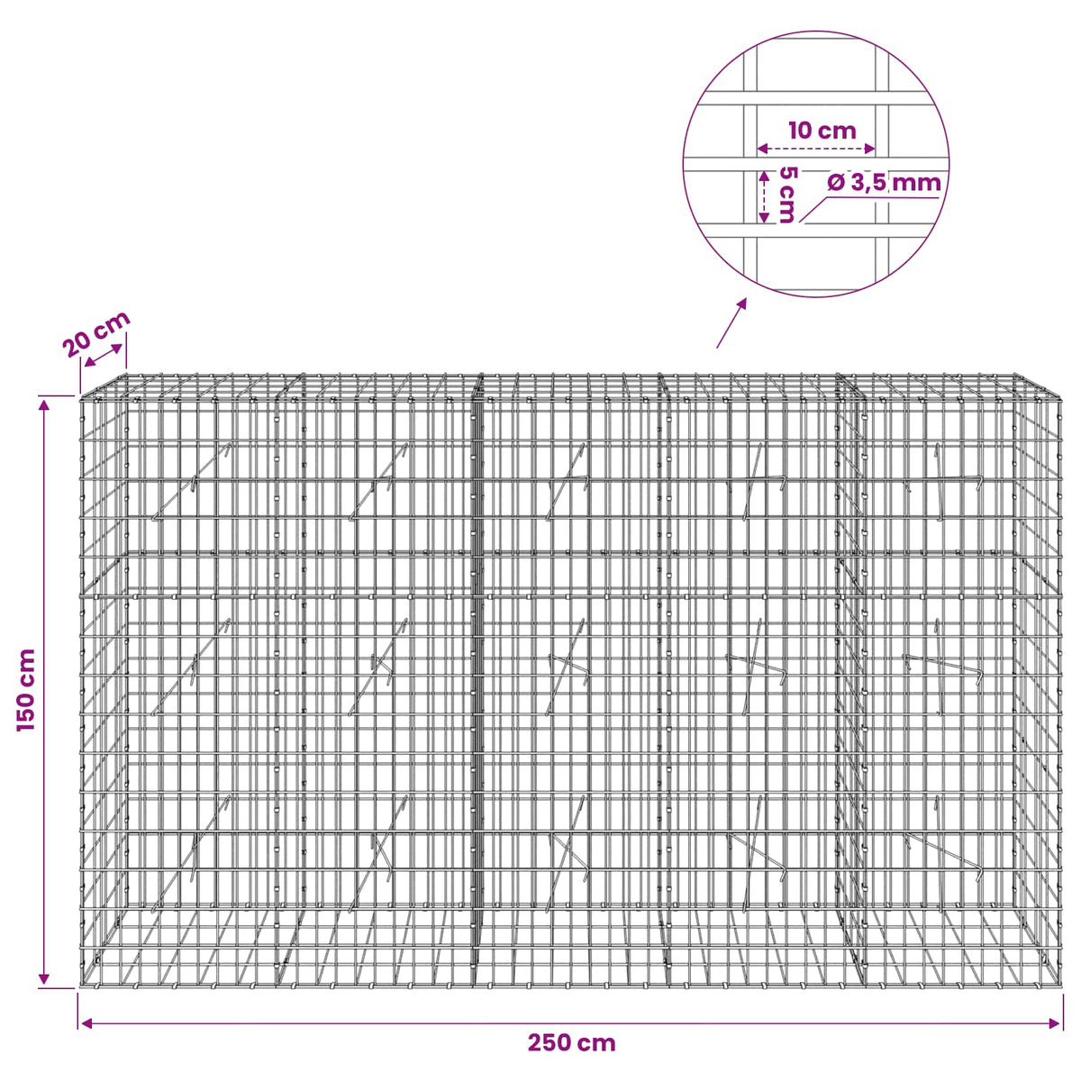 Γκαμπιόν με σύρμα 3,5 mm και πλέγμα 5x10 cm 250x20x150 εκ. - Pakobazaar