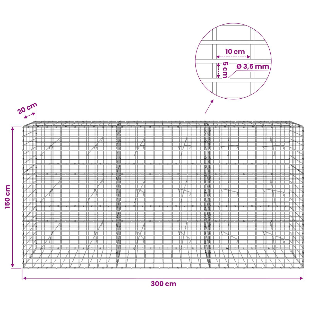 Γκαμπιόν με σύρμα 3,5 mm και πλέγμα 5x10 cm 300x20x150 εκ