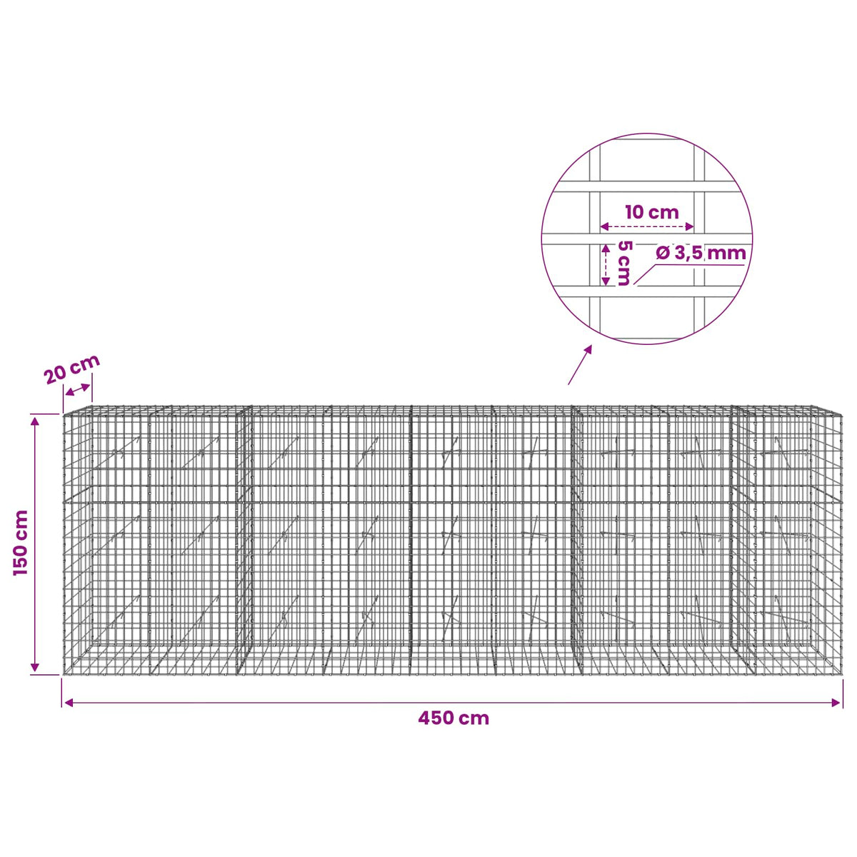 Γκαμπιόν με σύρμα 3,5 mm και πλέγμα 5x10 cm 450x20x150 εκ - Pakobazaar