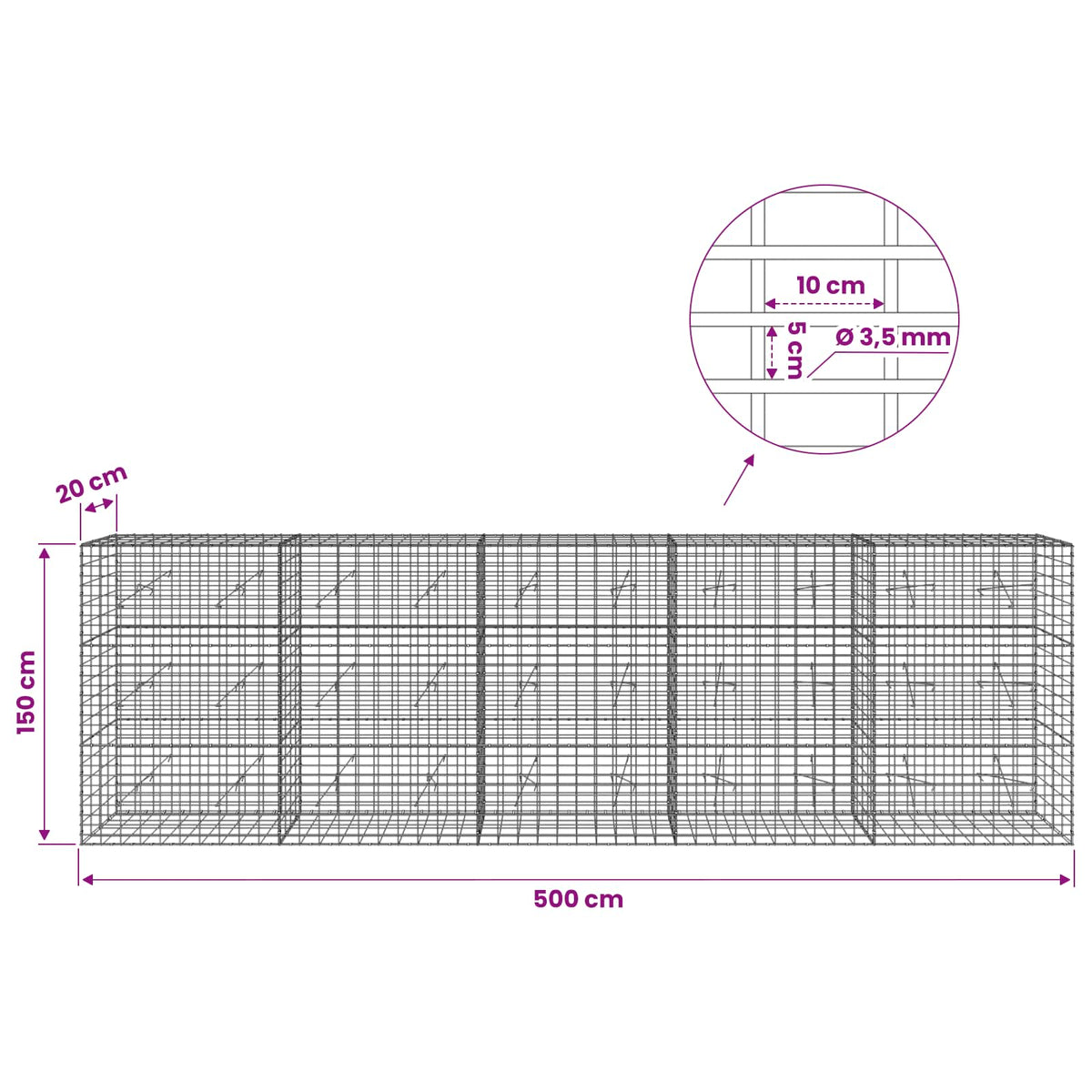 Γκαμπιόν με σύρμα 3,5 mm και πλέγμα 5x10 cm 500x20x150 εκ