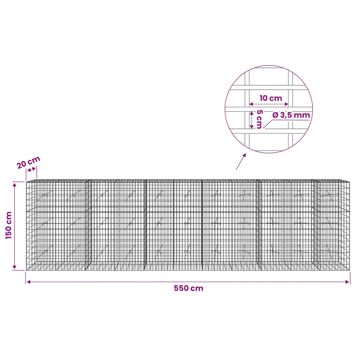 Γκαμπιόν με σύρμα 3,5 mm και πλέγμα 5x10 cm 550x20x150 εκ