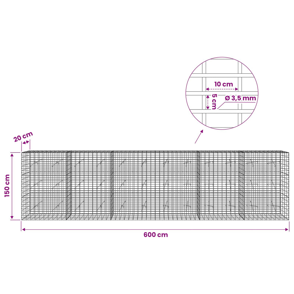 Γκαμπιόν με σύρμα 3,5 mm και πλέγμα 5x10 cm 600x20x150 εκ - Pakobazaar