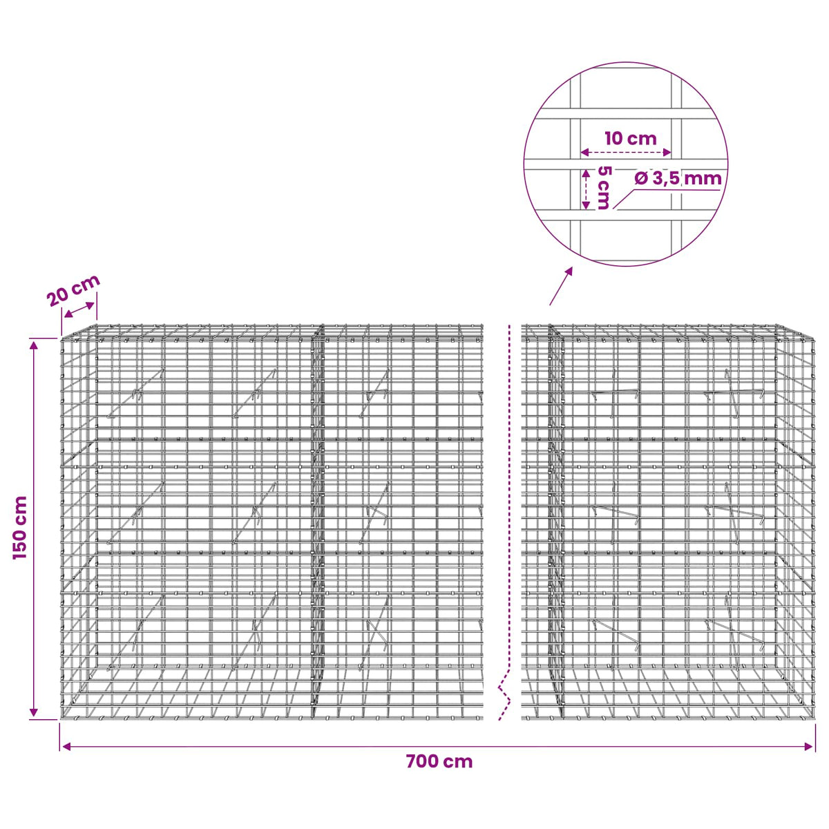 Γκαμπιόν με σύρμα 3,5 mm και πλέγμα 5x10 cm 700x20x150 εκ - Pakobazaar