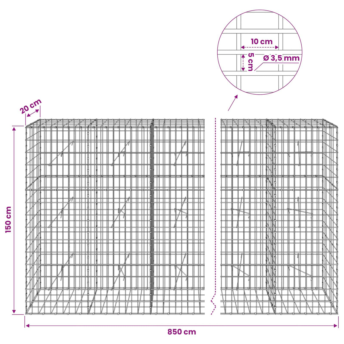 Γκαμπιόν με σύρμα 3,5 mm και πλέγμα 5x10 cm 850x20x150 εκ - Pakobazaar