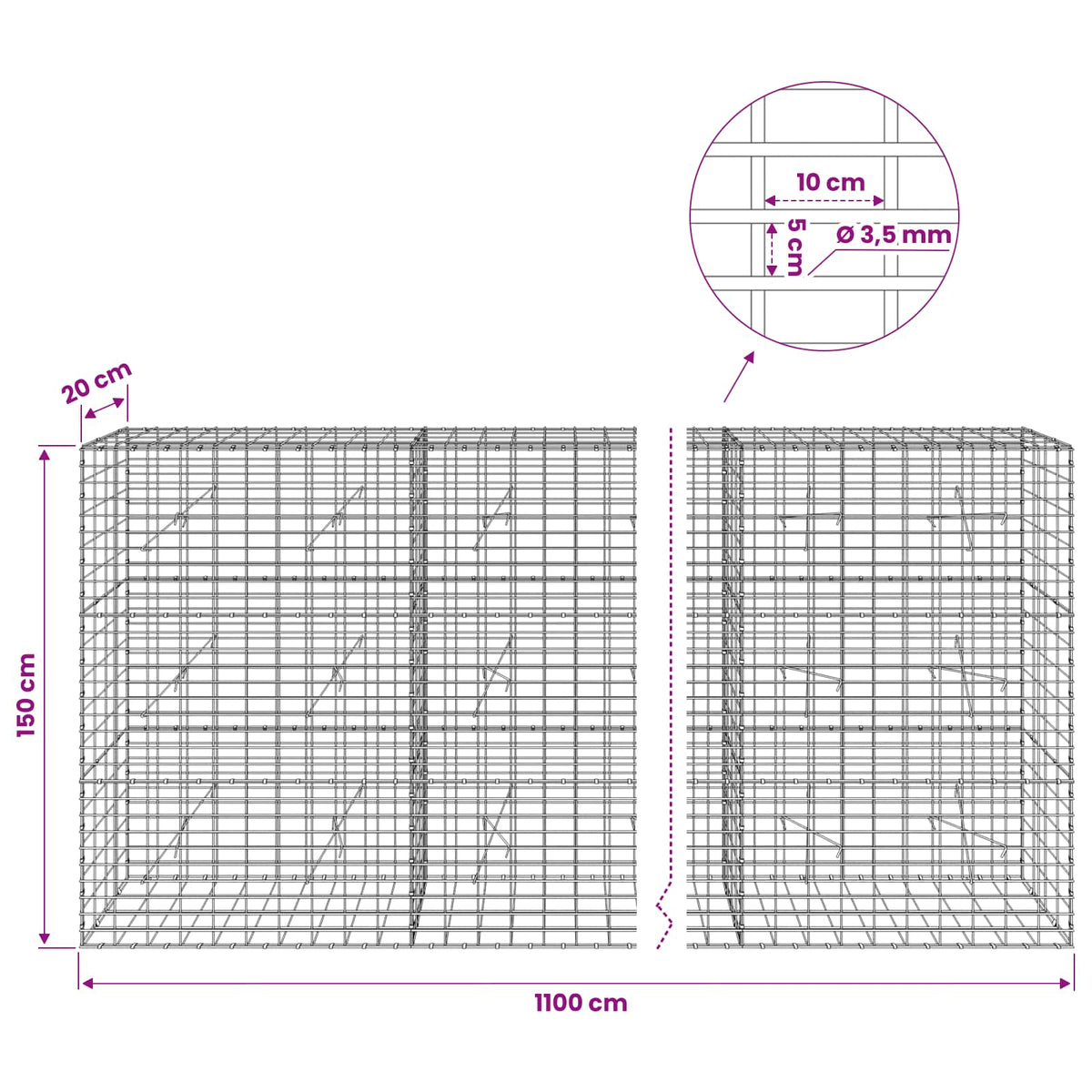 Γκαμπιόν με σύρμα 3,5 mm και πλέγμα 5x10 cm 1100x20x150 εκ - Pakobazaar