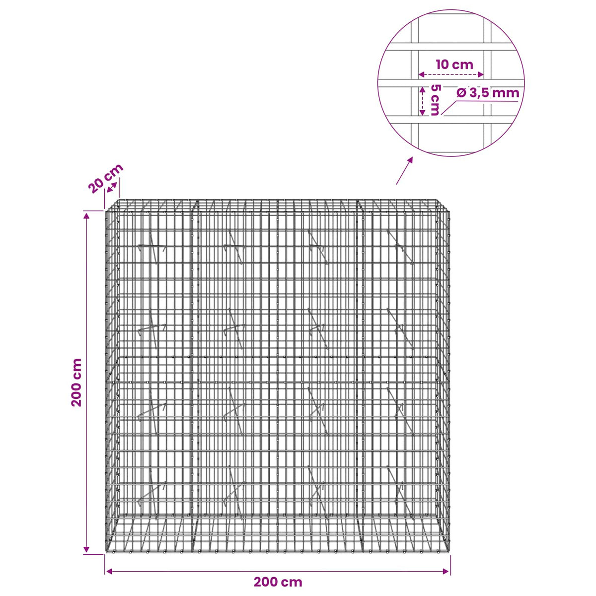 Γκαμπιόν με σύρμα 3,5 mm και πλέγμα 5x10 cm 200x20x200 εκ - Pakobazaar