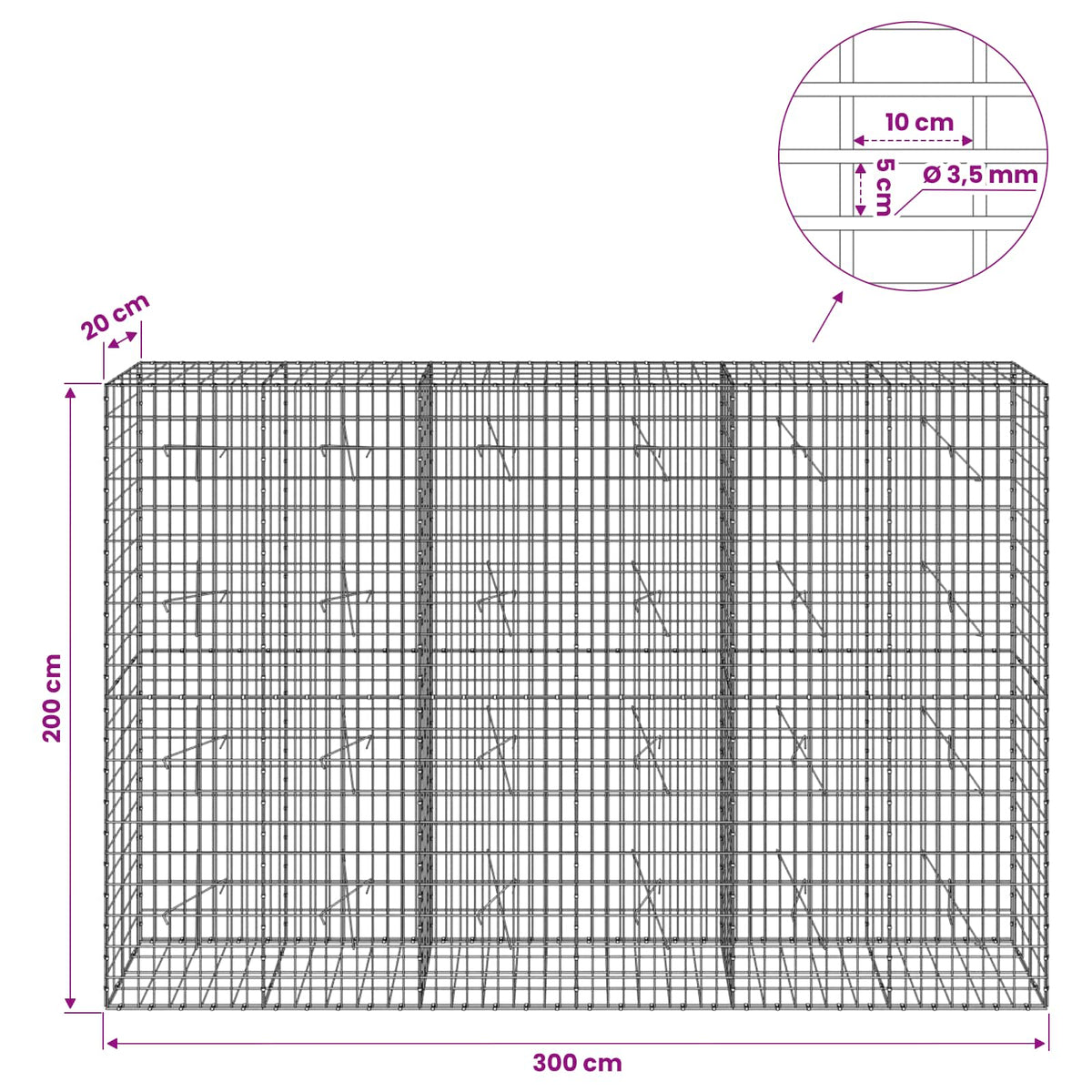 Γκαμπιόν με σύρμα 3,5 mm και πλέγμα 5x10 cm 300x20x200 εκ - Pakobazaar