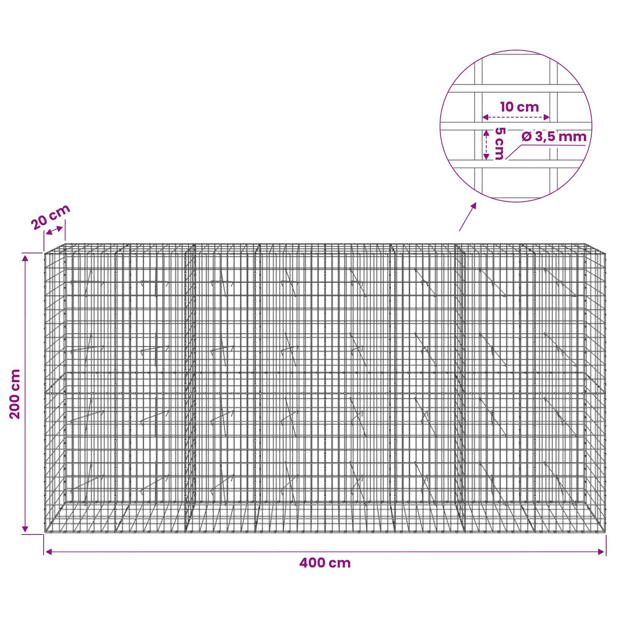 Γκαμπιόν με σύρμα 3,5 mm και πλέγμα 5x10 cm 400x20x200 εκ - Pakobazaar