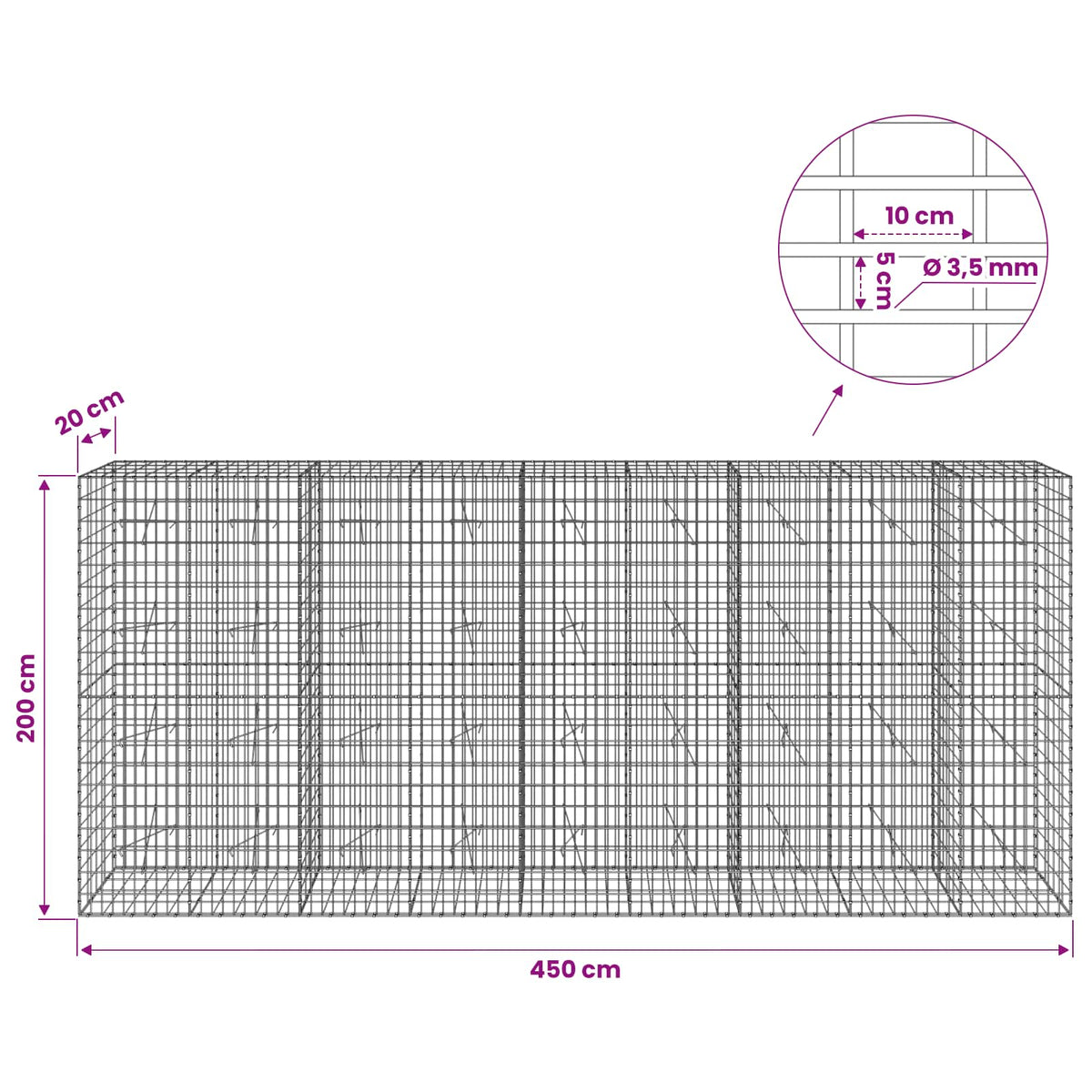 Γκαμπιόν με σύρμα 3,5 mm και πλέγμα 5x10 cm 450x20x200 εκ - Pakobazaar
