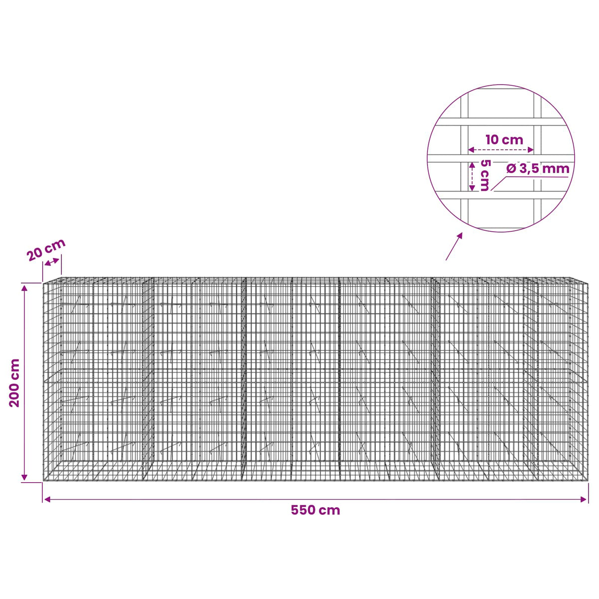 Γκαμπιόν με σύρμα 3,5 mm και πλέγμα 5x10 cm 550x20x200 εκ - Pakobazaar