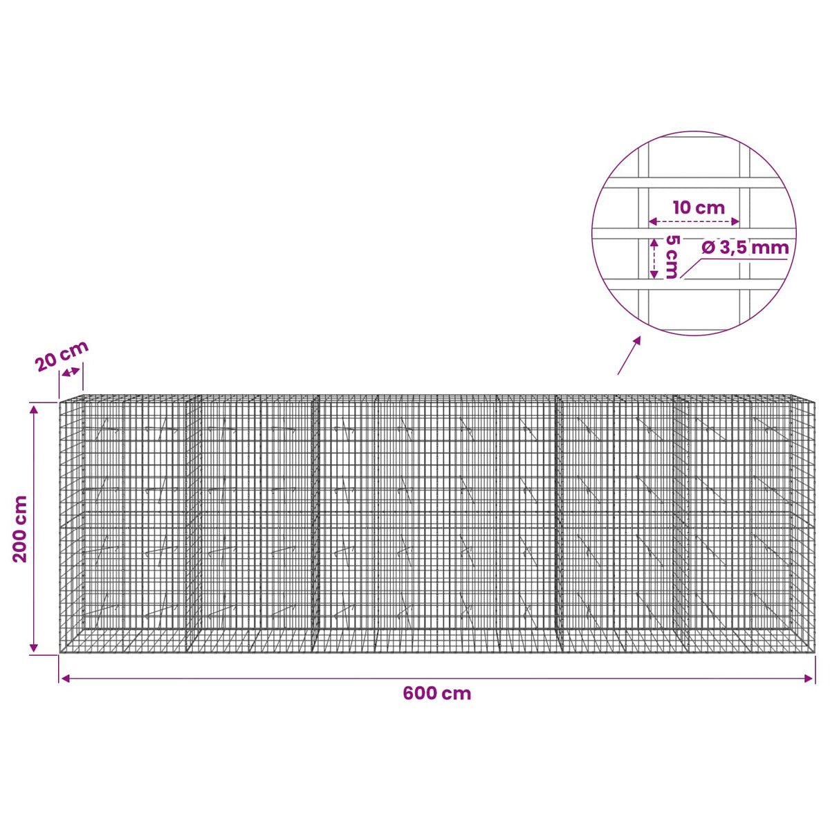 Γκαμπιόν με σύρμα 3,5 mm και πλέγμα 5x10 cm 600x20x200 εκ - Pakobazaar