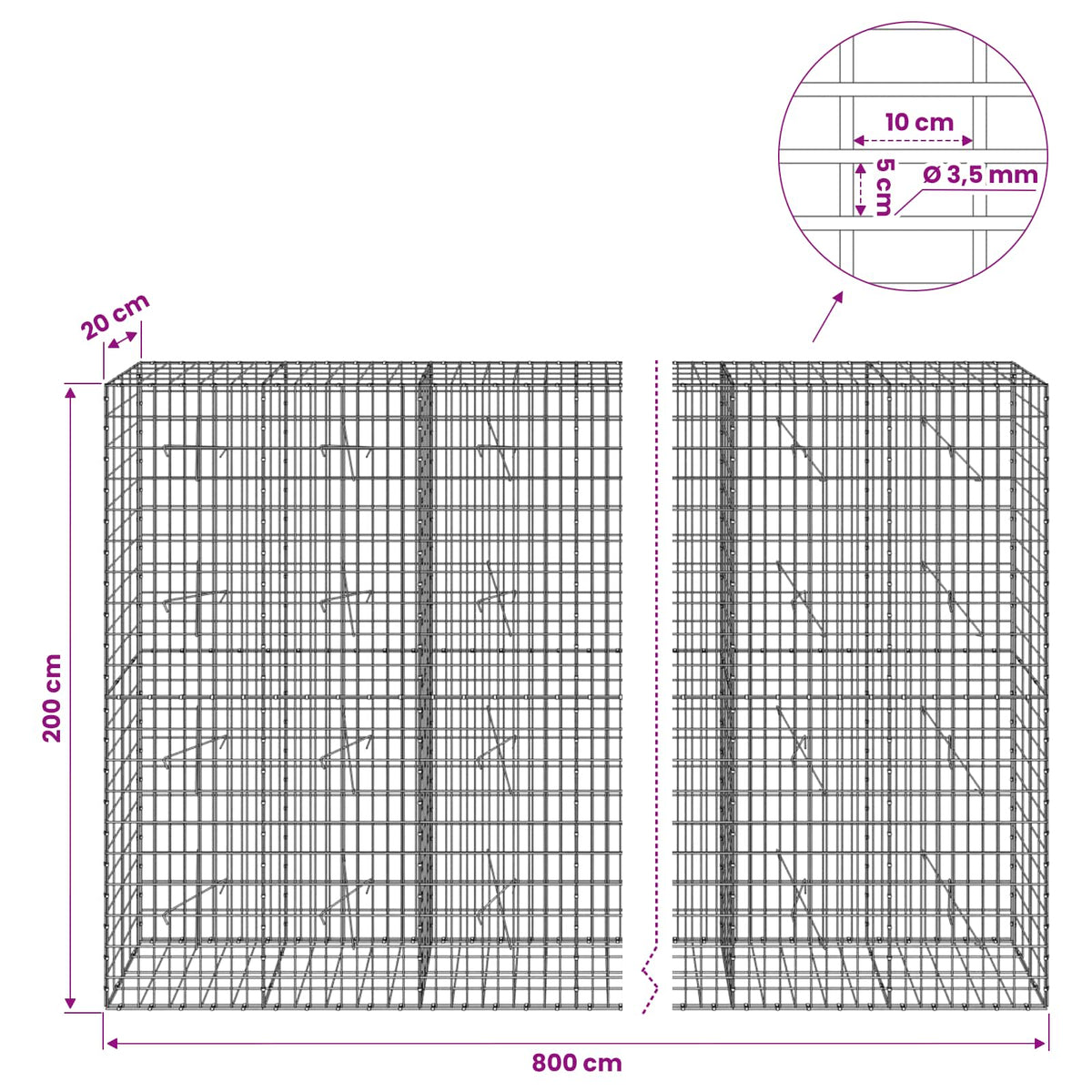 Γκαμπιόν με σύρμα 3,5 mm και πλέγμα 5x10 cm 800x20x200 εκ.