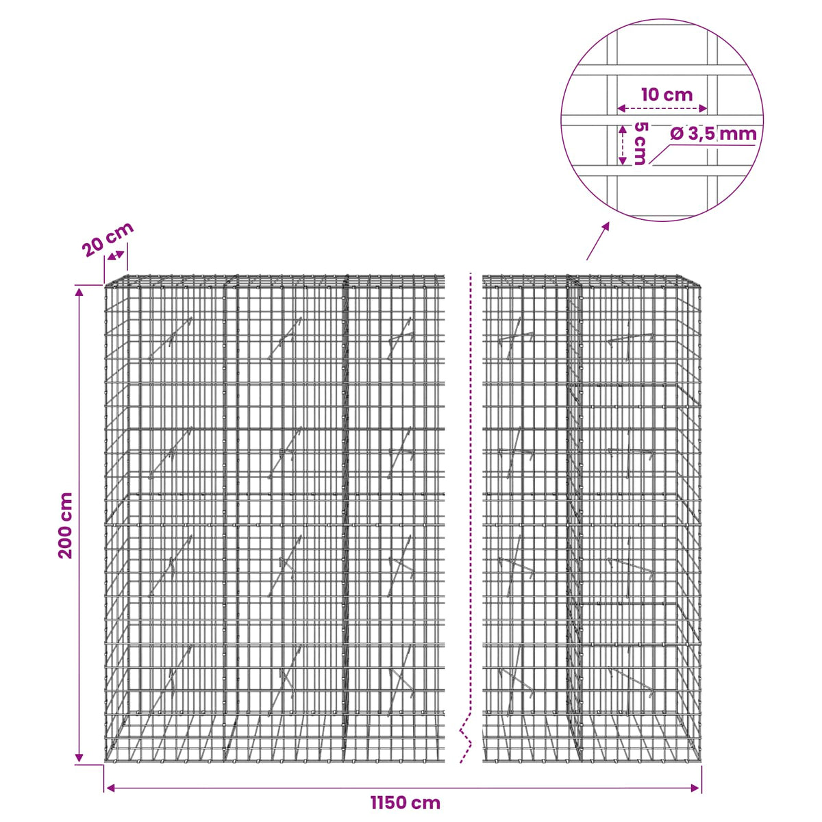 Γκαμπιόν με σύρμα 3,5 mm και πλέγμα 5x10 cm 1150x20x200 εκ - Pakobazaar