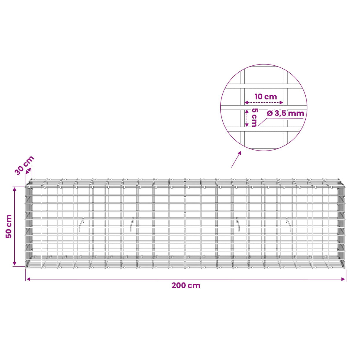 Γκαμπιόν με σύρμα 3,5 mm και πλέγμα 5x10 cm 200x30x50 εκ