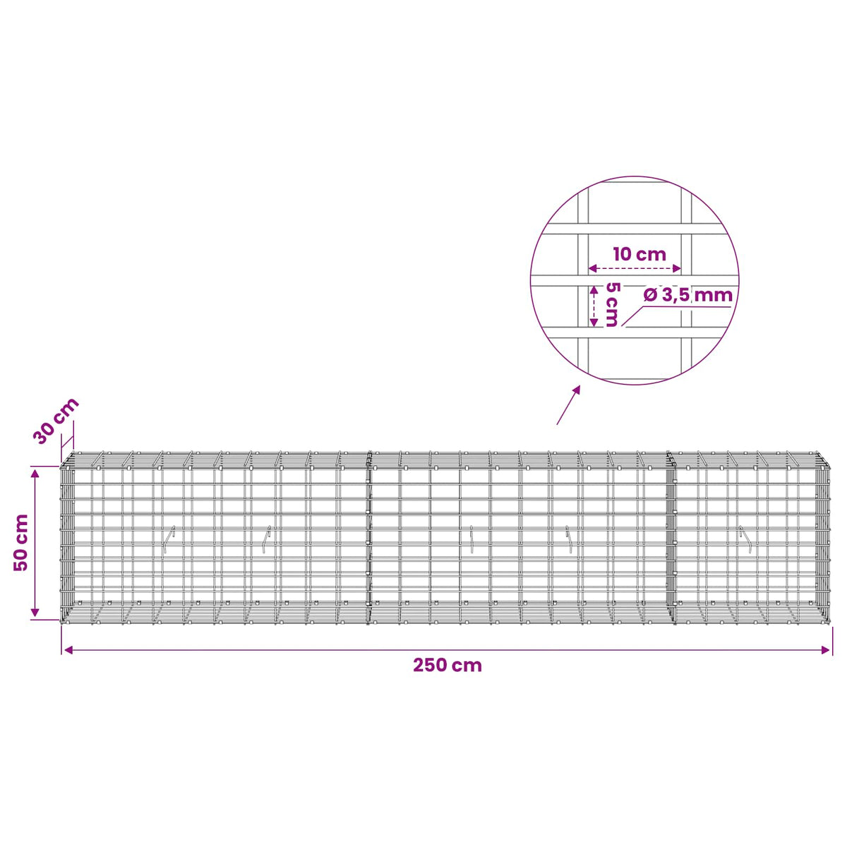 Γκαμπιόν με σύρμα 3,5 mm και πλέγμα 5x10 cm 250x30x50 εκ - Pakobazaar