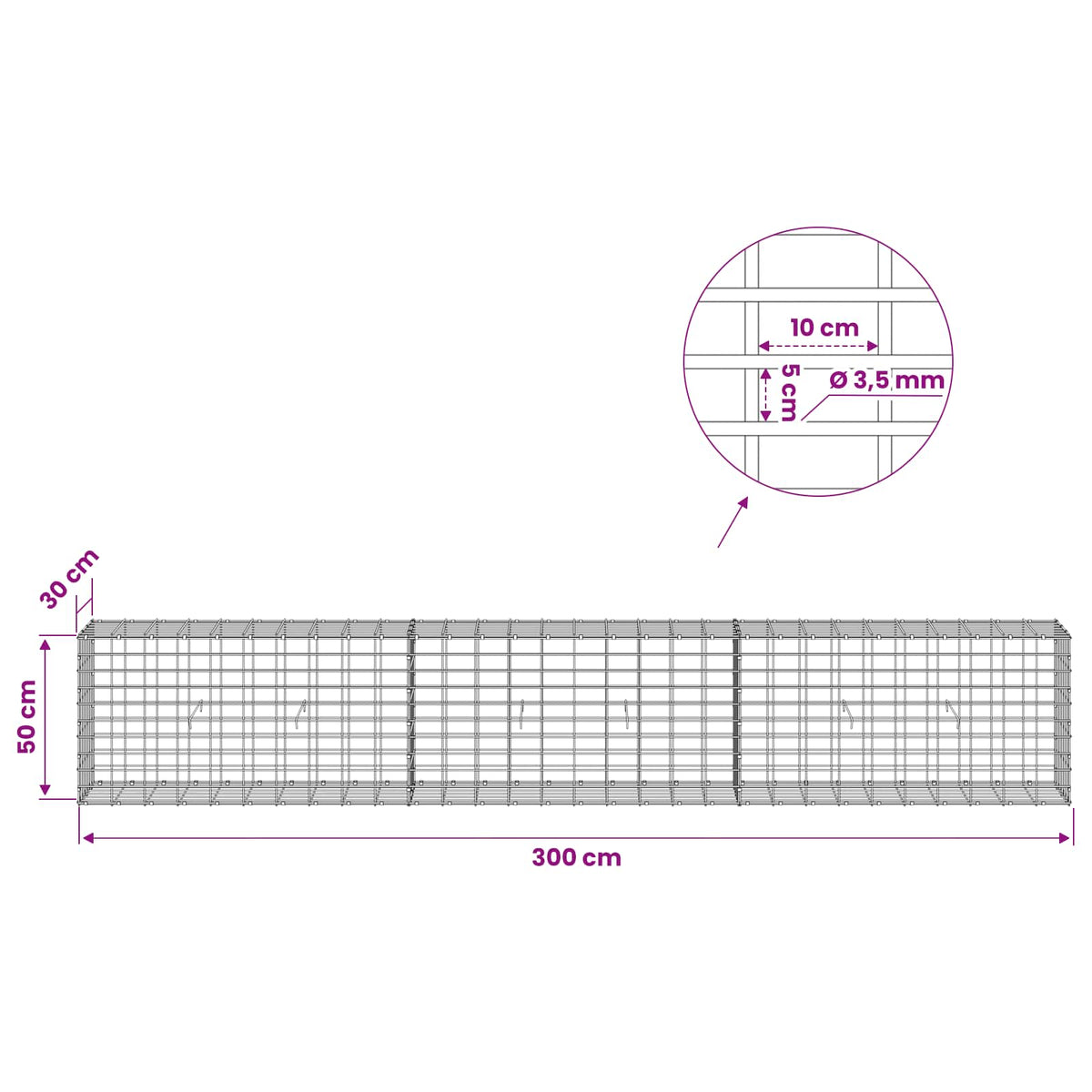 Γκαμπιόν με σύρμα 3,5 mm και πλέγμα 5x10 cm 300x30x50 εκ - Pakobazaar