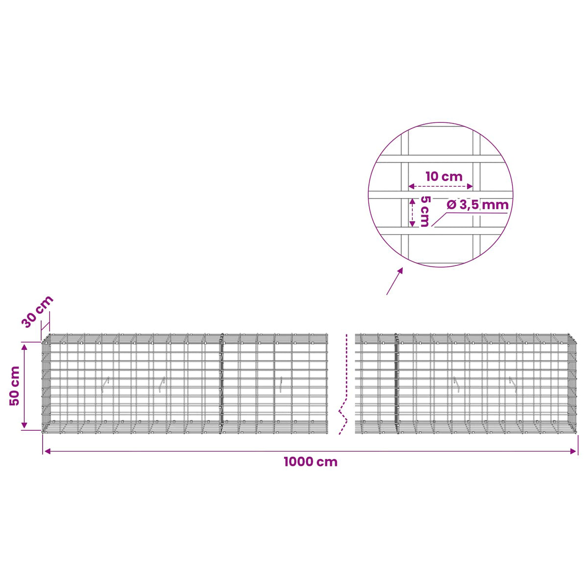 Γκαμπιόν με σύρμα 3,5 mm και πλέγμα 5x10 cm 1000x30x50 εκ - Pakobazaar
