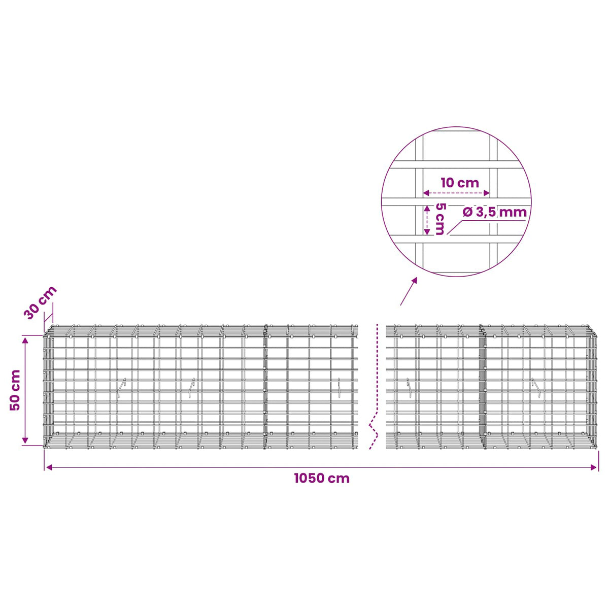 Γκαμπιόν με σύρμα 3,5 mm και πλέγμα 5x10 cm 1050x30x50 εκ - Pakobazaar