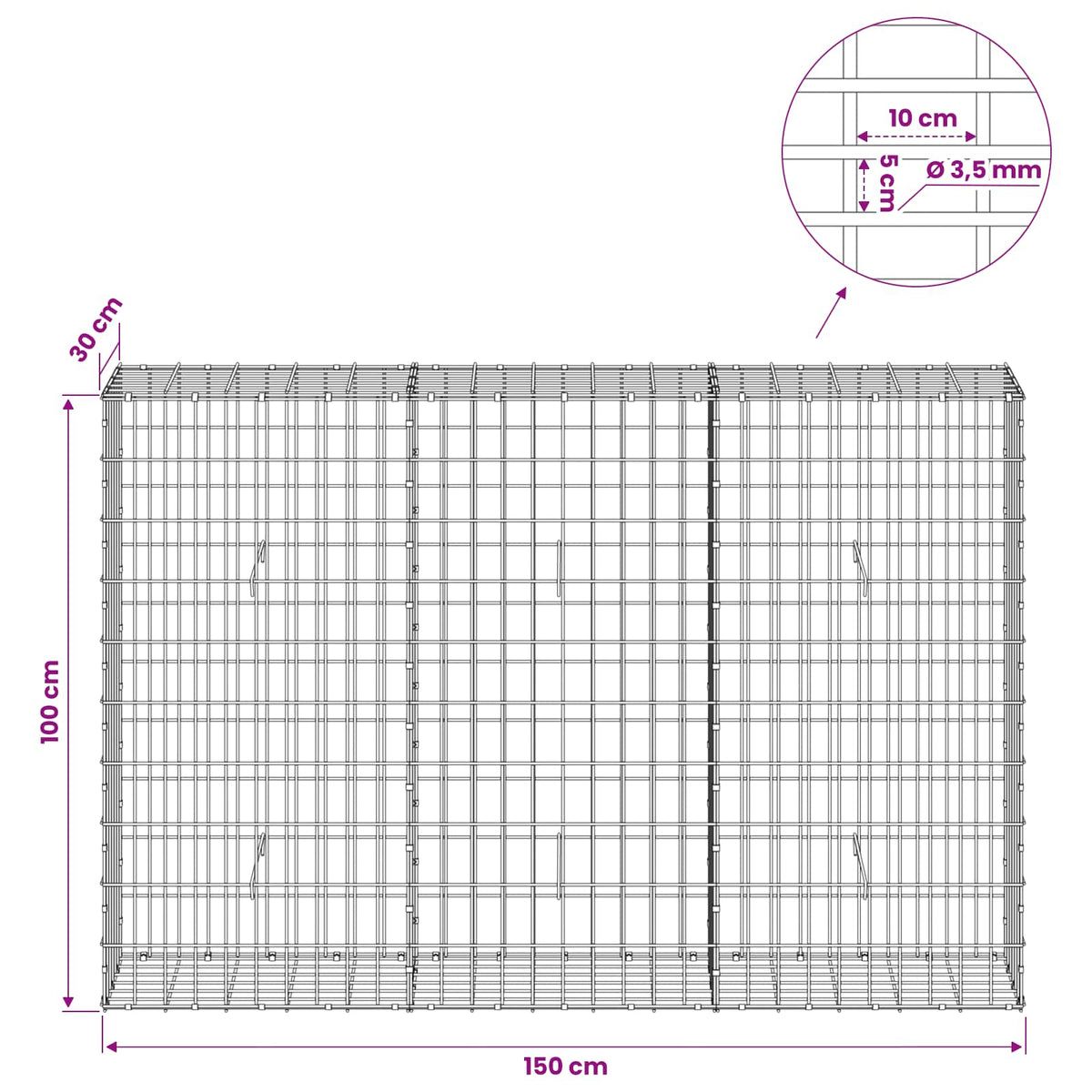 Γκαμπιόν με σύρμα 3,5 mm και πλέγμα 5x10 cm 150x30x100 εκ - Pakobazaar