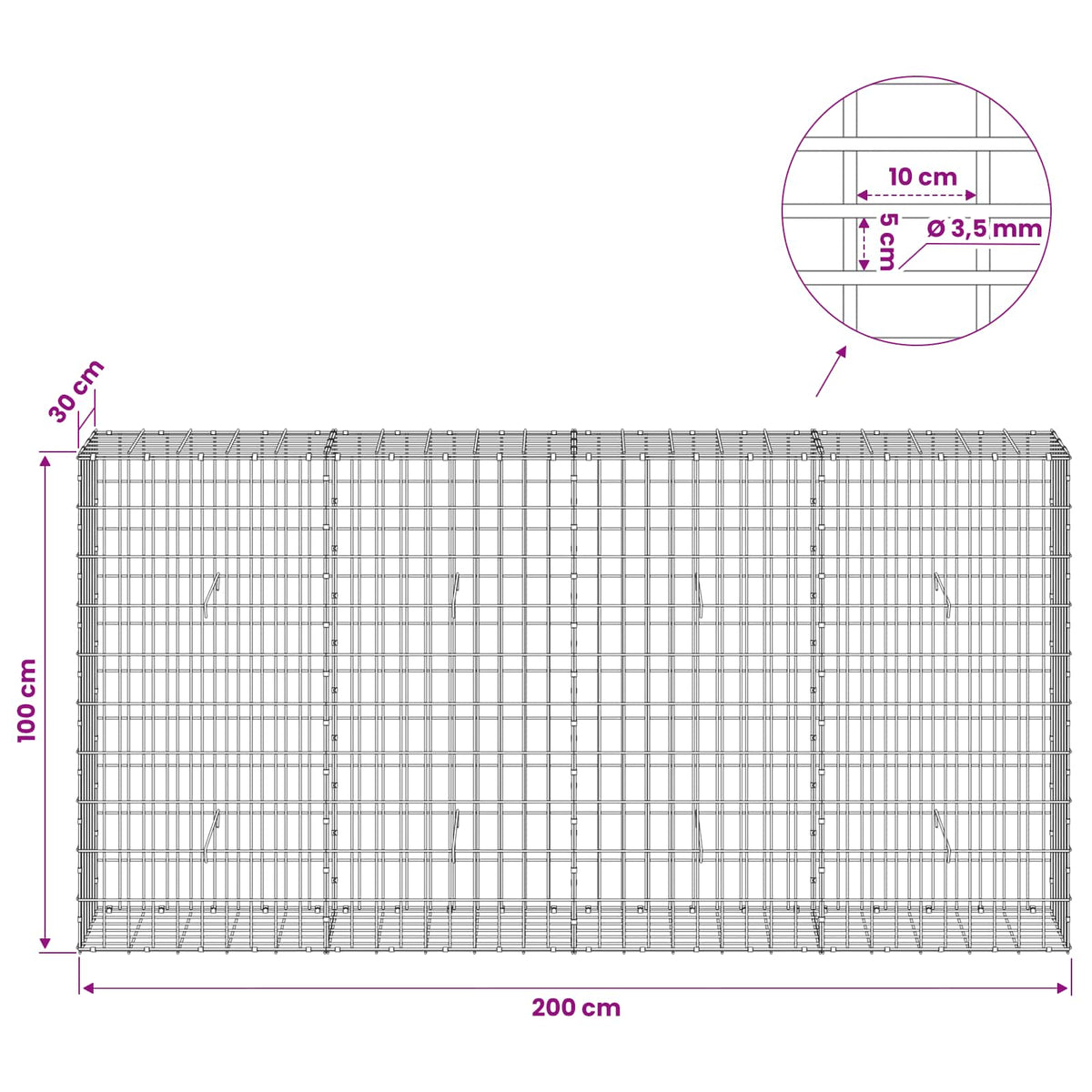 Γκαμπιόν με σύρμα 3,5 mm και πλέγμα 5x10 cm 200x30x100 εκ - Pakobazaar