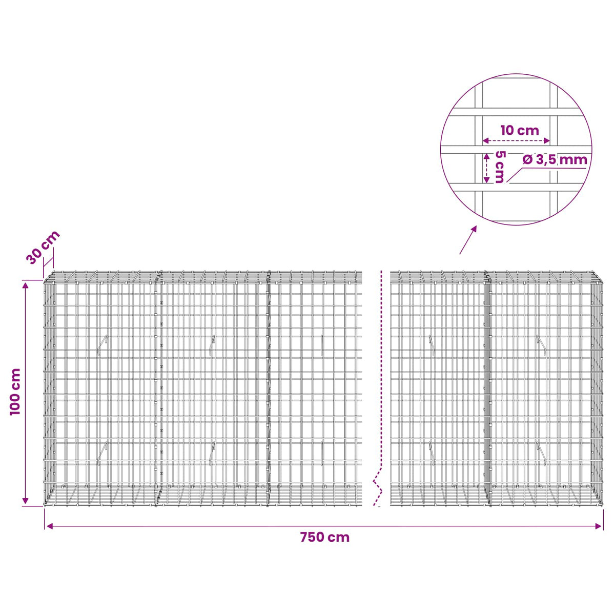 Γκαμπιόν με σύρμα 3,5 mm και πλέγμα 5x10 cm 750x30x100 εκ - Pakobazaar