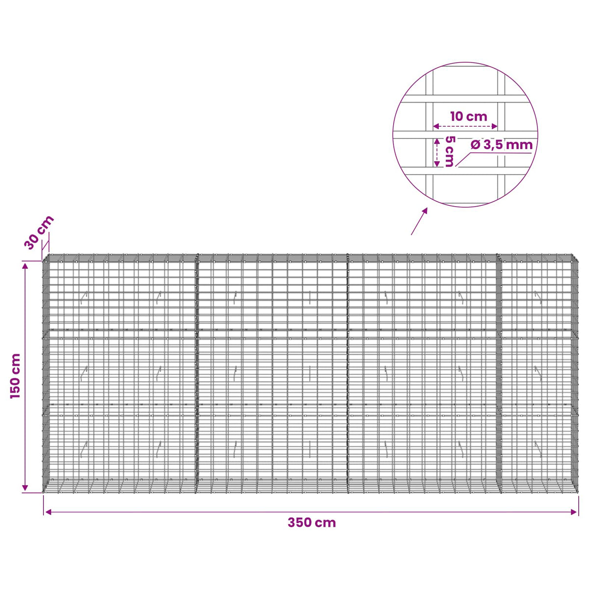 Γκαμπιόν με σύρμα 3,5 mm και πλέγμα 5x10 cm 350x30x150 εκ. - Pakobazaar