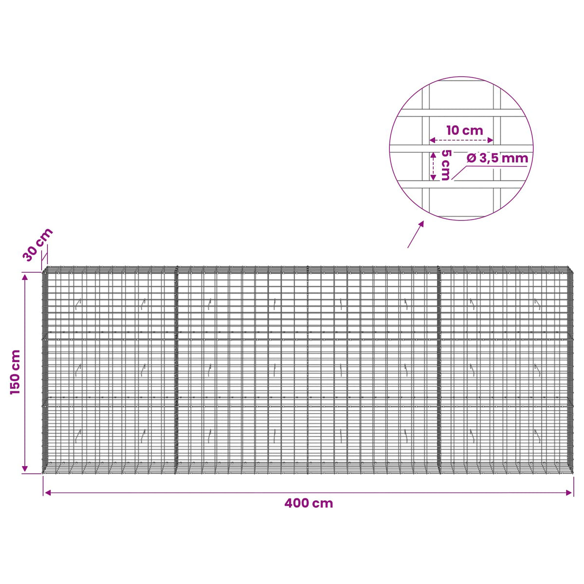 Γκαμπιόν με σύρμα 3,5 mm και πλέγμα 5x10 cm 400x30x150 εκ - Pakobazaar