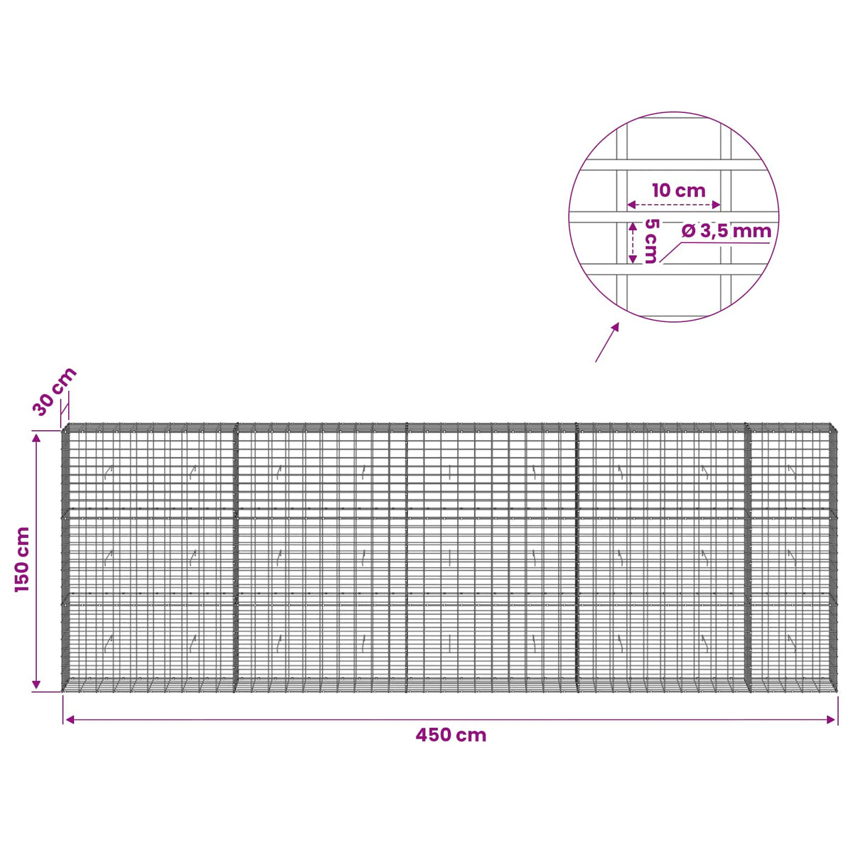 Γκαμπιόν με σύρμα 3,5 mm και πλέγμα 5x10 cm 450x30x150 εκ