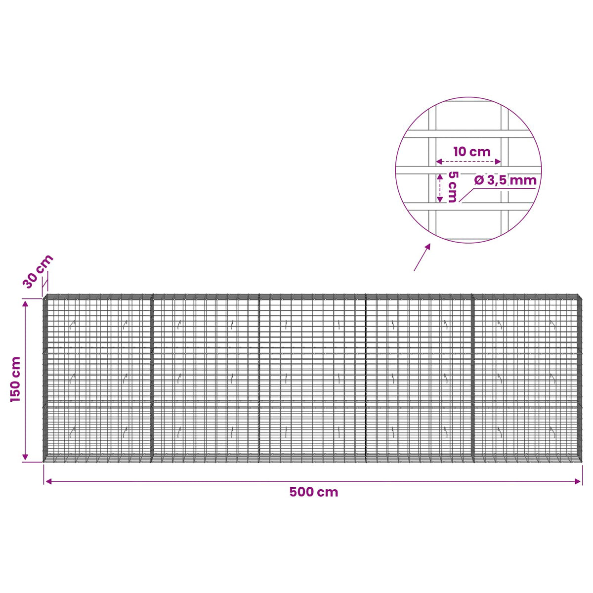Γκαμπιόν με σύρμα 3,5 mm και πλέγμα 5x10 cm 500x30x150 εκ - Pakobazaar