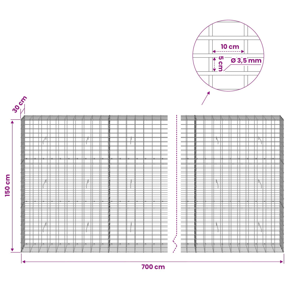 Γκαμπιόν με σύρμα 3,5 mm και πλέγμα 5x10 cm 700x30x150 εκ - Pakobazaar