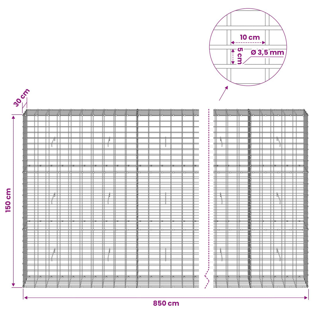 Γκαμπιόν με σύρμα 3,5 mm και πλέγμα 5x10 cm 850x30x150 εκ