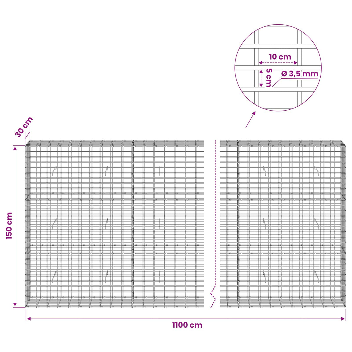 Γκαμπιόν με σύρμα 3,5 mm και πλέγμα 5x10 cm 1100x30x150 εκ - Pakobazaar