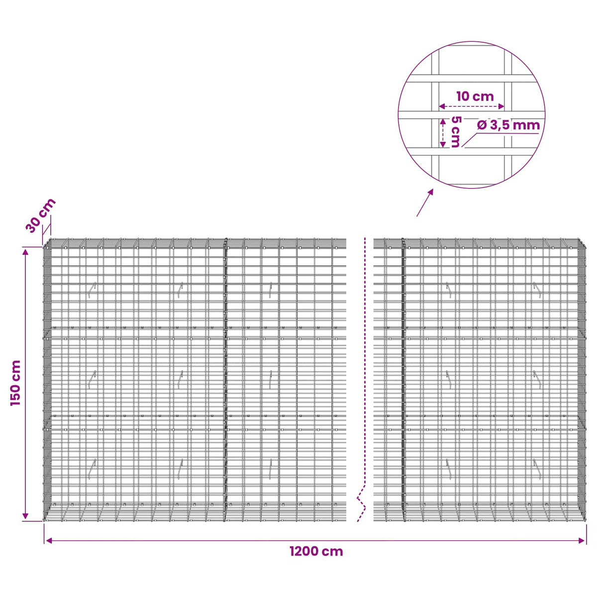 Γκαμπιόν με σύρμα 3,5 mm και πλέγμα 5x10 cm 1200x30x150 εκ - Pakobazaar