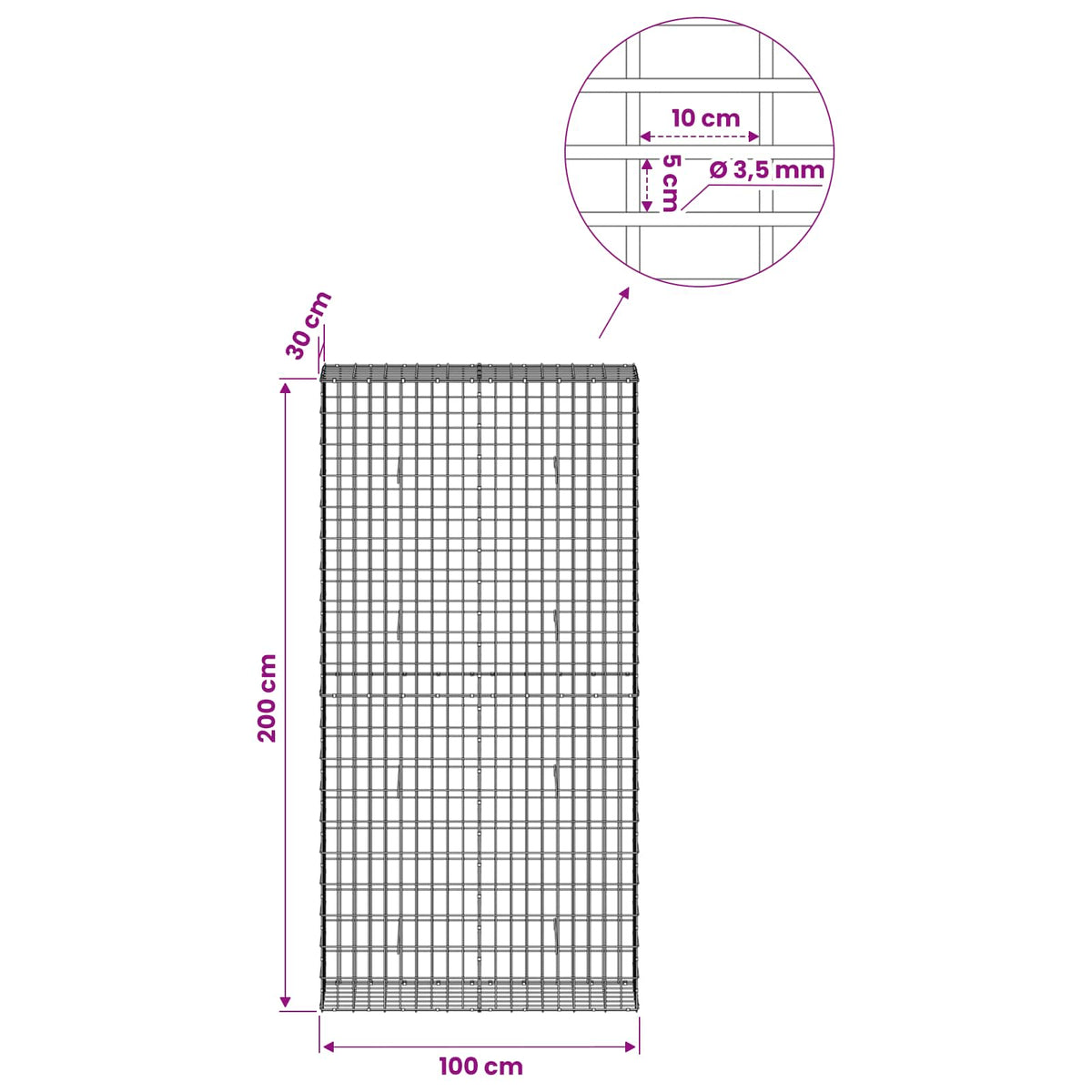 Γκαμπιόν με σύρμα 3,5 mm και πλέγμα 5x10 cm 100x30x200 εκ. - Pakobazaar