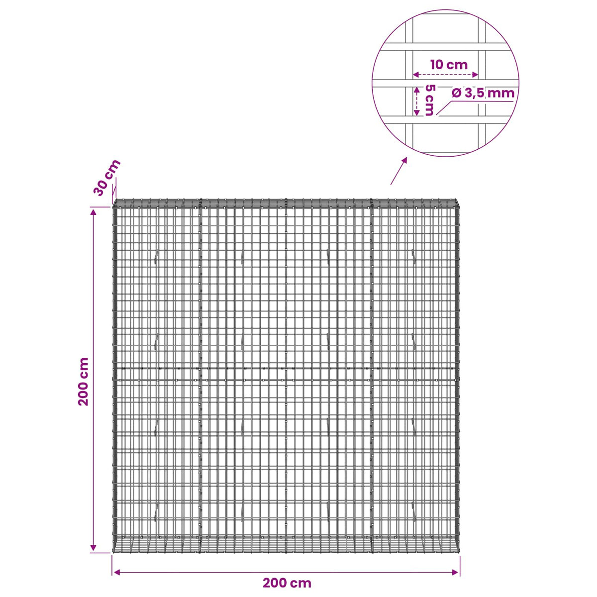 Γκαμπιόν με σύρμα 3,5 mm και πλέγμα 5x10 cm 200x30x200 εκ - Pakobazaar