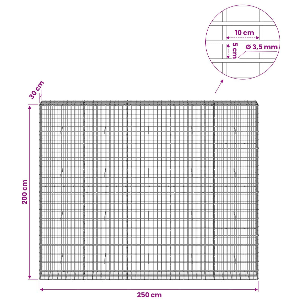 Γκαμπιόν με σύρμα 3,5 mm και πλέγμα 5x10 cm 250x30x200 εκ. - Pakobazaar
