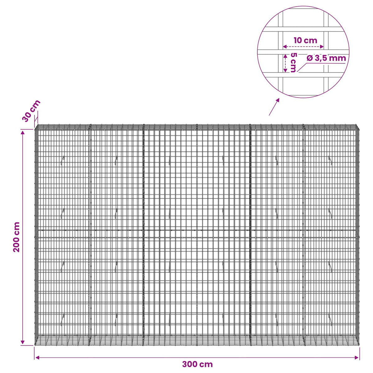 Γκαμπιόν με σύρμα 3,5 mm και πλέγμα 5x10 cm 300x30x200 εκ - Pakobazaar