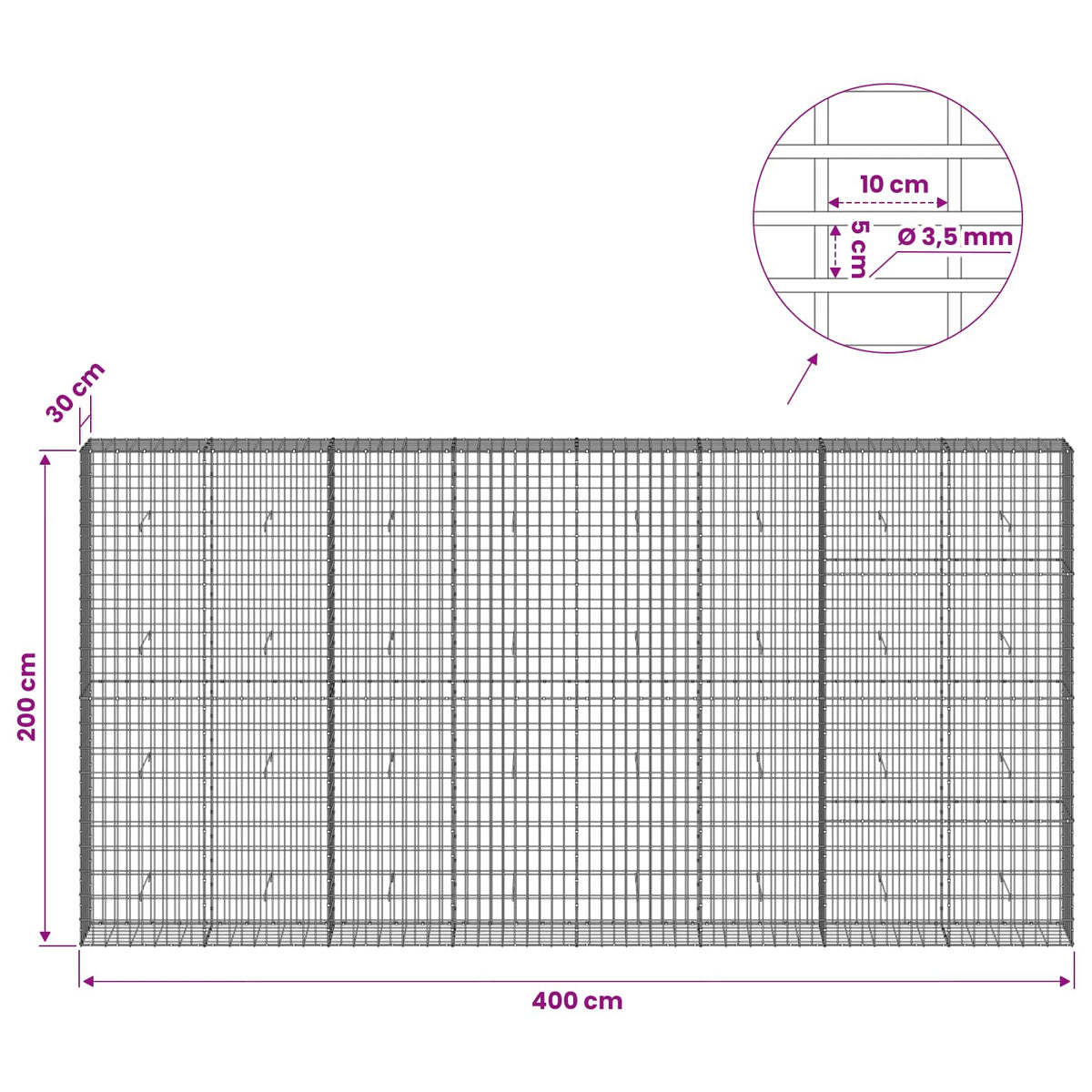 Γκαμπιόν με σύρμα 3,5 mm και πλέγμα 5x10 cm 400x30x200 εκ - Pakobazaar